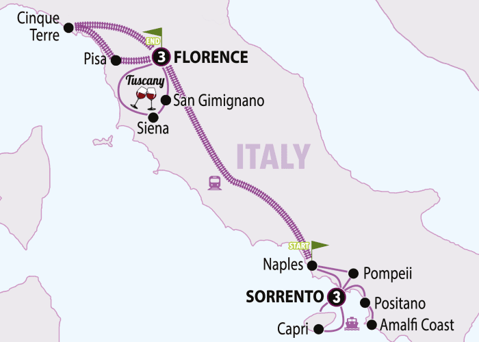 Map of a travel route all over Italy