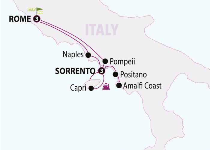 Map of a travel route in the south of Italy